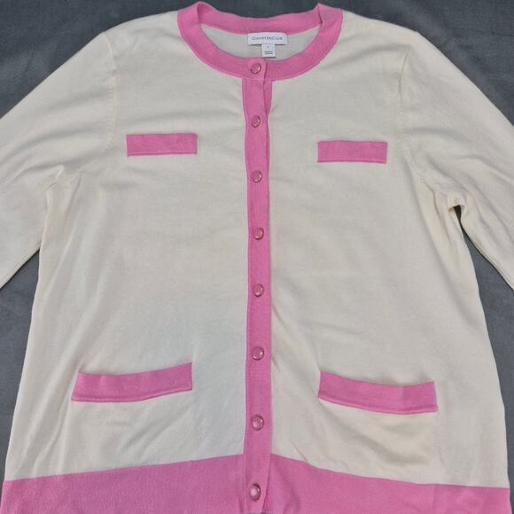 Charter Club Barbie Core Clueless Cream & Pink Contrast Trim Cardigan Sweater L - Picture 2 of 7